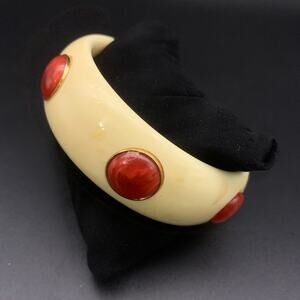 Vintage Celluloid Bangle Bracelet Cream Red Gold Tone Trim